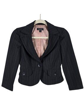 Y2K Bebe Womens Black Floral Embroidered Pinstripe Fitted Cropped Blazer Size 0